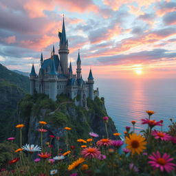 A stunning, magical castle perched on the edge of a lush cliff, overlooking a serene azure ocean