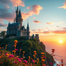 A stunning, magical castle perched on the edge of a lush cliff, overlooking a serene azure ocean