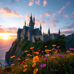 A stunning, magical castle perched on the edge of a lush cliff, overlooking a serene azure ocean