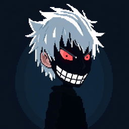 A pixel art version of Kaneki Ken from "Tokyo Ghoul," showcasing him in a stylized 8-bit format