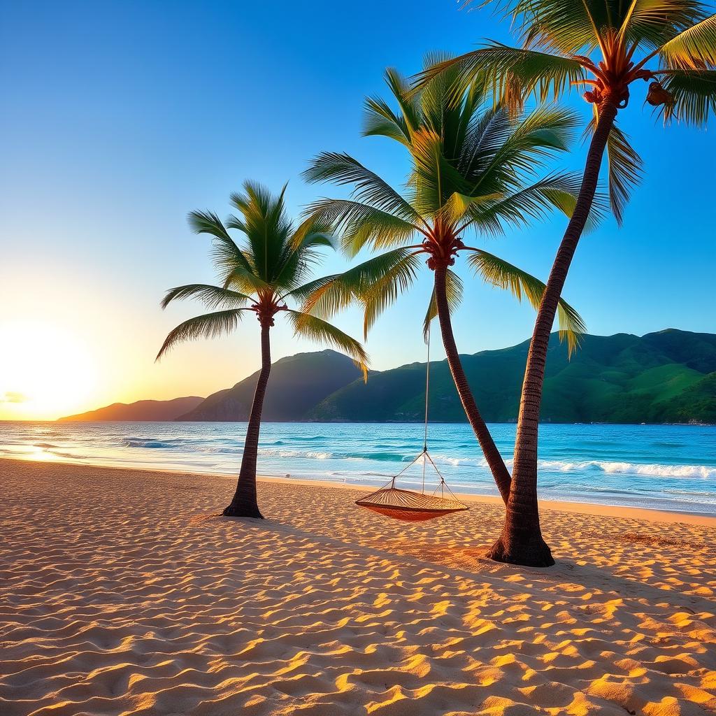 A serene and tranquil beach scene, where the golden sand meets the turquoise sea under a clear blue sky