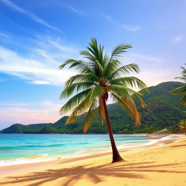 A serene and tranquil beach scene, where the golden sand meets the turquoise sea under a clear blue sky