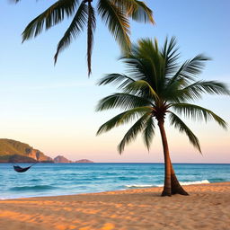 A serene and tranquil beach scene, where the golden sand meets the turquoise sea under a clear blue sky