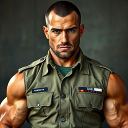 A stern-faced, muscular and very handsome man in a soldier's uniform