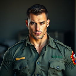 A stern-faced, muscular and very handsome man in a soldier's uniform