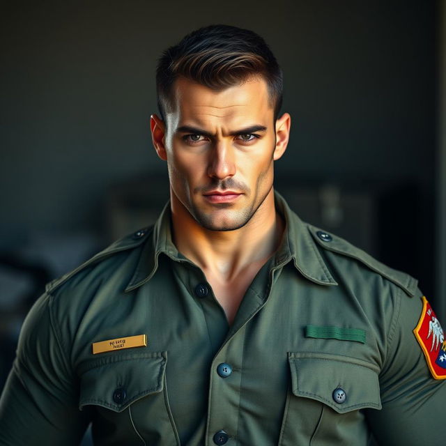 A stern-faced, muscular and very handsome man in a soldier's uniform