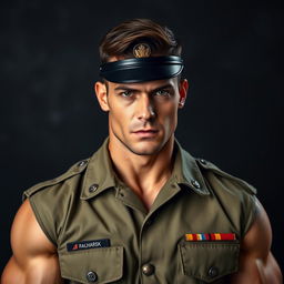 A stern-faced, muscular and very handsome man in a soldier's uniform