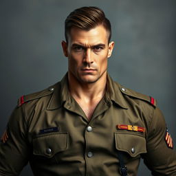 A stern-faced, muscular and very handsome man in a soldier's uniform