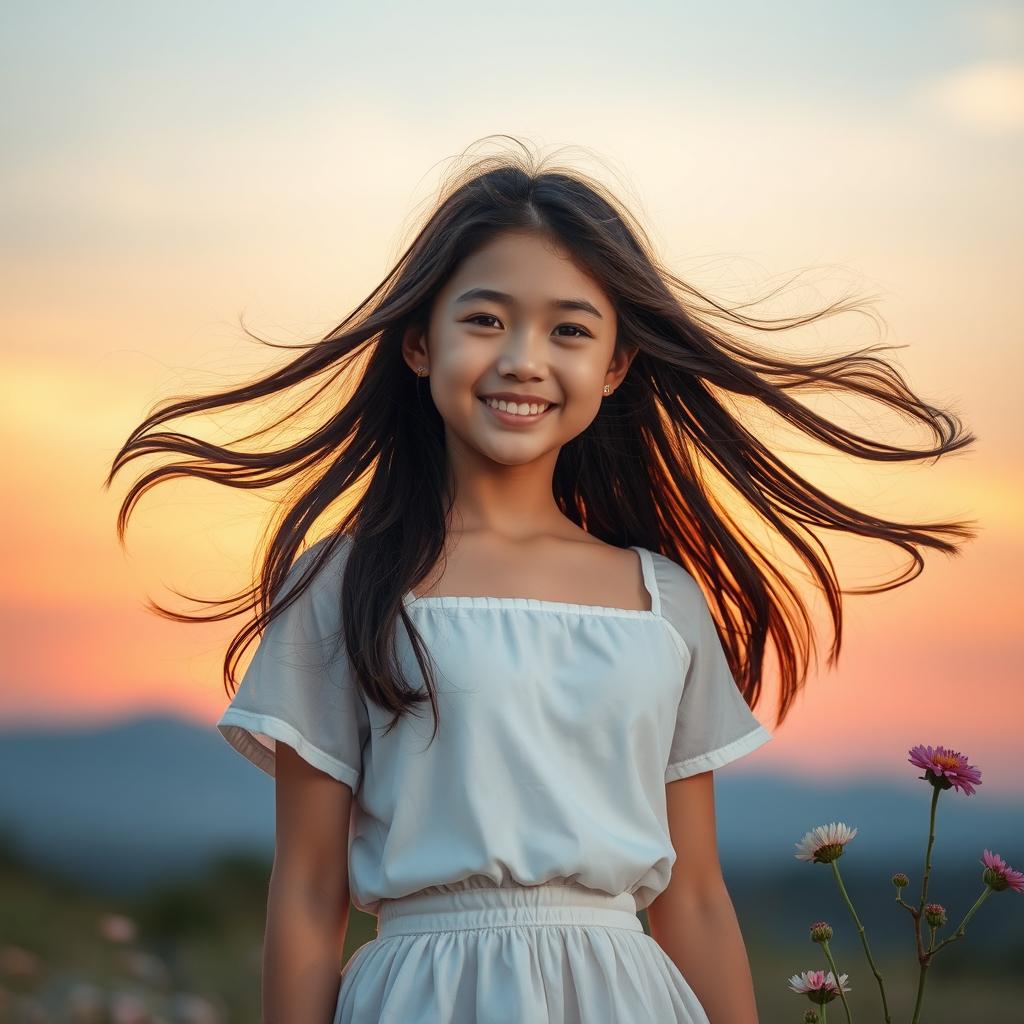 a girl standing confidently, her hair flowing in the wind, set against a picturesque sunset