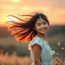 a girl standing confidently, her hair flowing in the wind, set against a picturesque sunset