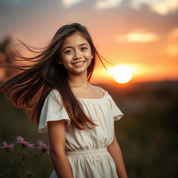 a girl standing confidently, her hair flowing in the wind, set against a picturesque sunset