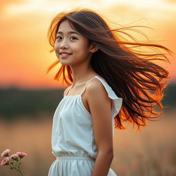 a girl standing confidently, her hair flowing in the wind, set against a picturesque sunset