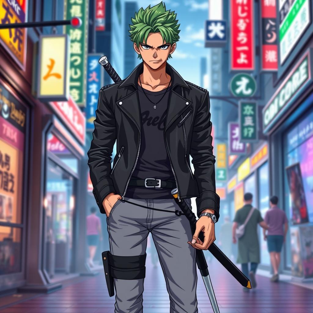 Roronoa Zoro reimagined in the 21st century, with modern attire blending traditional elements