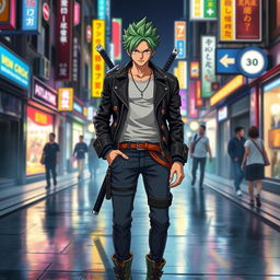 Roronoa Zoro reimagined in the 21st century, with modern attire blending traditional elements