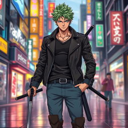 Roronoa Zoro reimagined in the 21st century, with modern attire blending traditional elements