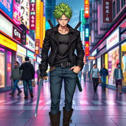 Roronoa Zoro reimagined in the 21st century, with modern attire blending traditional elements