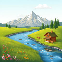 A serene landscape featuring a majestic mountain range in the background, lush green meadows in the foreground dotted with colorful wildflowers, and a clear blue sky with a few fluffy white clouds