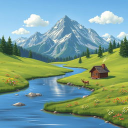 A serene landscape featuring a majestic mountain range in the background, lush green meadows in the foreground dotted with colorful wildflowers, and a clear blue sky with a few fluffy white clouds