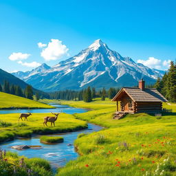 A serene landscape featuring a majestic mountain range in the background, lush green meadows in the foreground dotted with colorful wildflowers, and a clear blue sky with a few fluffy white clouds