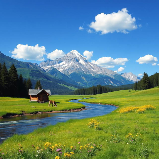 A serene landscape featuring a majestic mountain range in the background, lush green meadows in the foreground dotted with colorful wildflowers, and a clear blue sky with a few fluffy white clouds