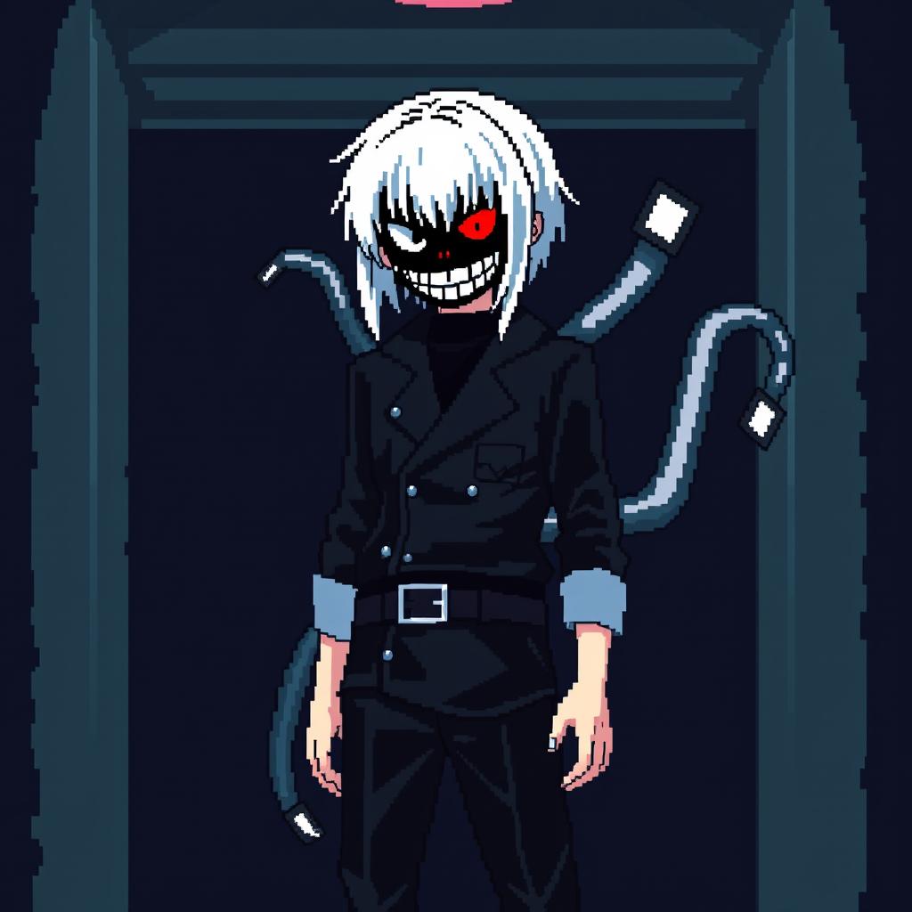 A full-length pixel art depiction of Kaneki Ken from "Tokyo Ghoul" in an 8-bit style