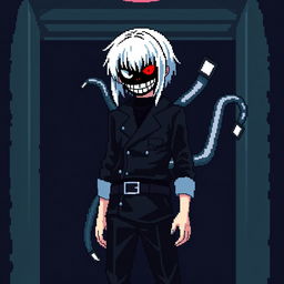 A full-length pixel art depiction of Kaneki Ken from "Tokyo Ghoul" in an 8-bit style