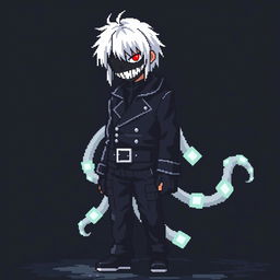 A full-length pixel art depiction of Kaneki Ken from "Tokyo Ghoul" in an 8-bit style