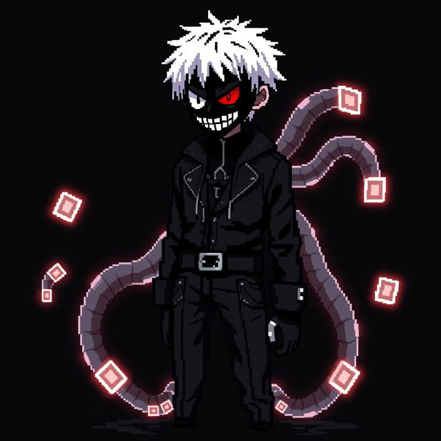 A full-length pixel art depiction of Kaneki Ken from "Tokyo Ghoul" in an 8-bit style