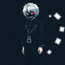 A full-length pixel art depiction of Kaneki Ken from "Tokyo Ghoul" in an 8-bit style