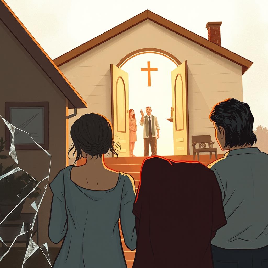 A thought-provoking illustration showing a Christian home with a subtle emphasis on hidden domestic violence