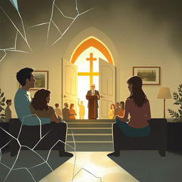 A thought-provoking illustration showing a Christian home with a subtle emphasis on hidden domestic violence