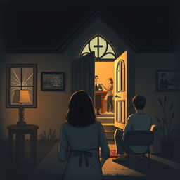 A thought-provoking illustration showing a Christian home with a subtle emphasis on hidden domestic violence