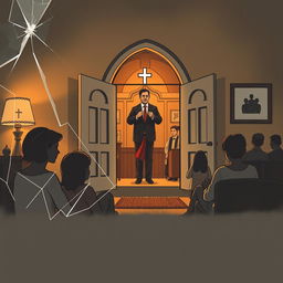 A thought-provoking illustration showing a Christian home with a subtle emphasis on hidden domestic violence