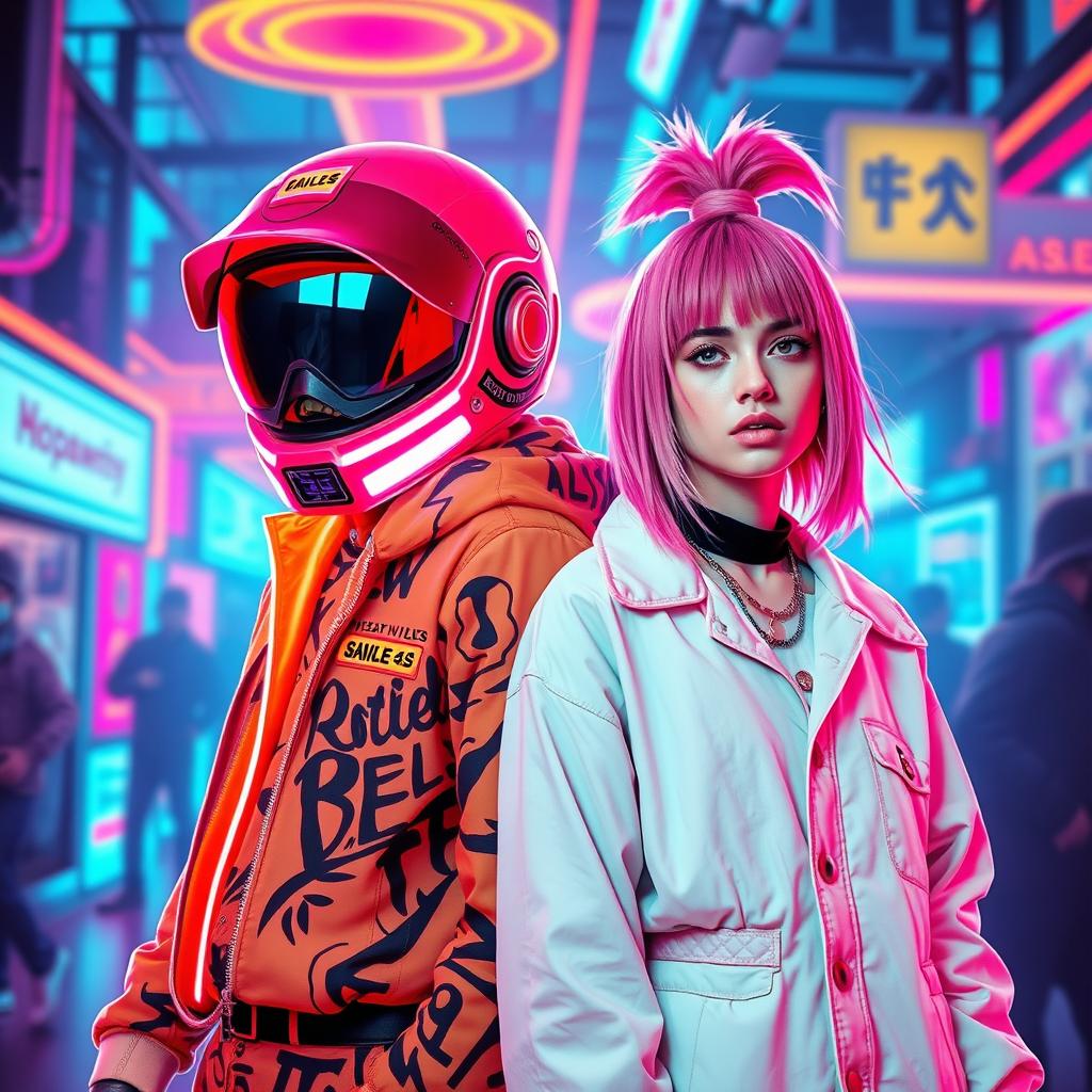 A dynamic scene featuring Galo from Hotline Miami and Billie Eilish standing side by side