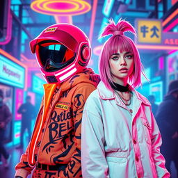 A dynamic scene featuring Galo from Hotline Miami and Billie Eilish standing side by side