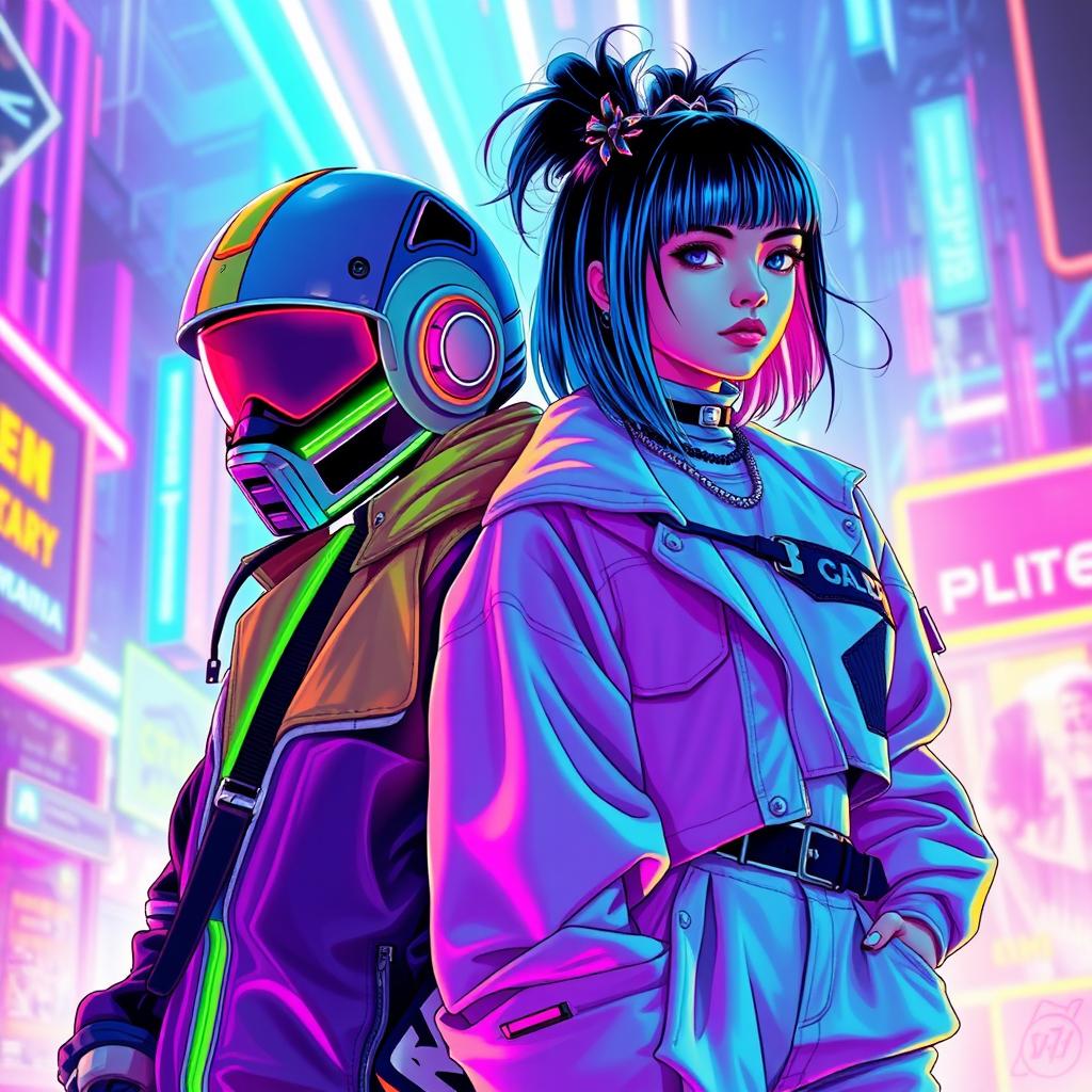 A dynamic scene featuring Galo from Hotline Miami and Billie Eilish standing side by side