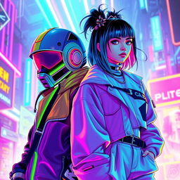 A dynamic scene featuring Galo from Hotline Miami and Billie Eilish standing side by side