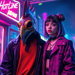 A captivating scene depicts the iconic rooster mask character from the Hotline Miami game standing next to singer Billie Eilish