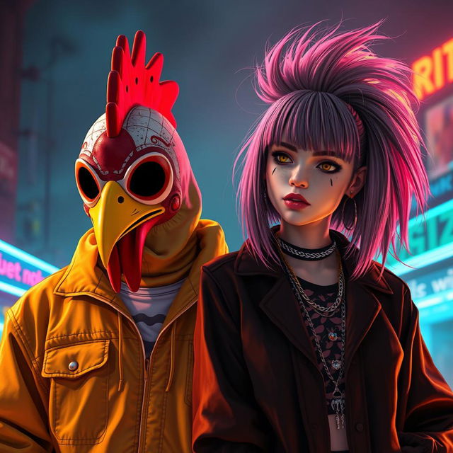 A captivating scene depicts the iconic rooster mask character from the Hotline Miami game standing next to singer Billie Eilish