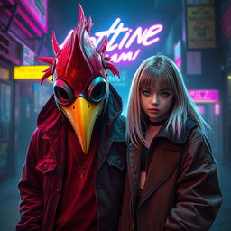 A captivating scene depicts the iconic rooster mask character from the Hotline Miami game standing next to singer Billie Eilish