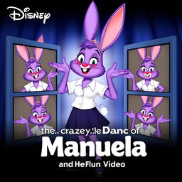 A Disney poster featuring Manuela, a purple bunny with a white shirt, dark blue skirt, black shoes, and a tiara