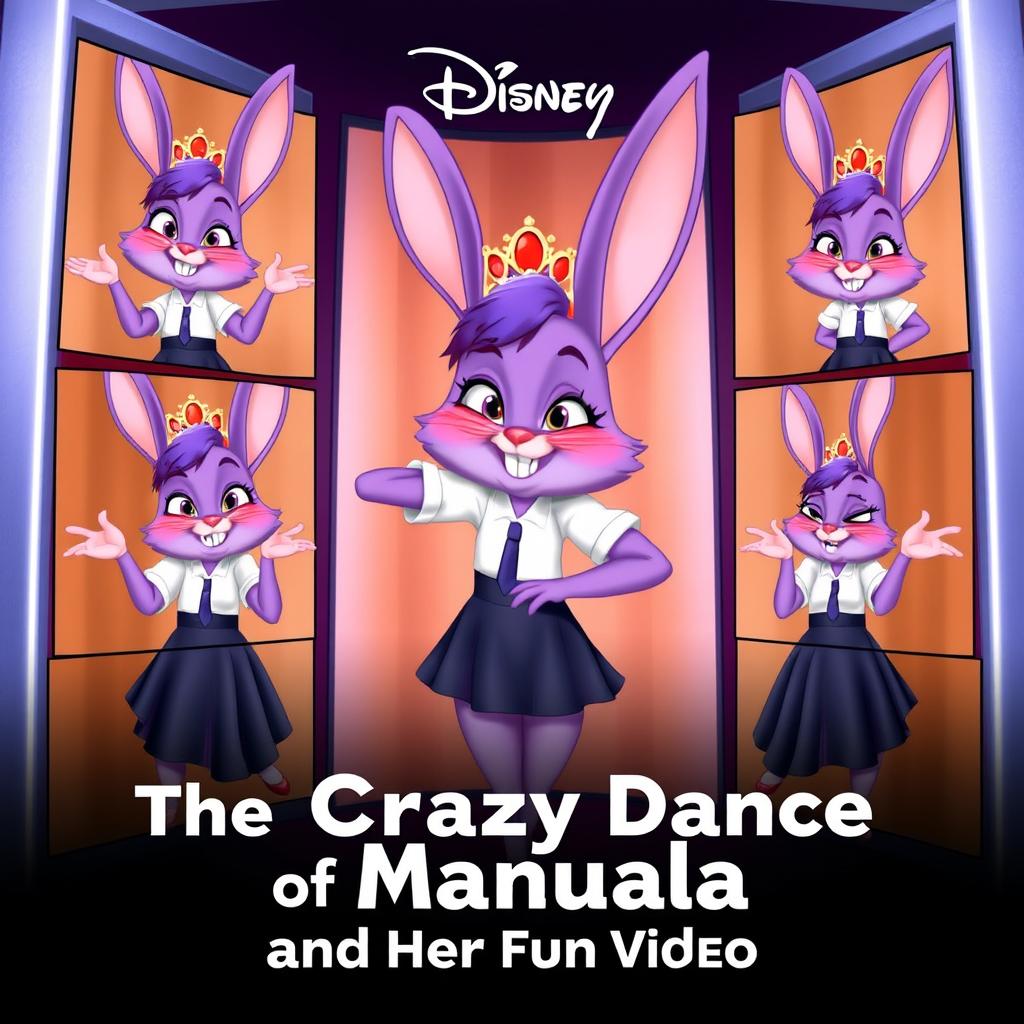 A Disney poster featuring Manuela, a purple bunny with a white shirt, dark blue skirt, black shoes, and a tiara