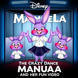 A Disney poster featuring Manuela, a purple bunny with a white shirt, dark blue skirt, black shoes, and a tiara