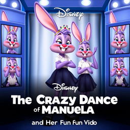 A Disney poster featuring Manuela, a purple bunny with a white shirt, dark blue skirt, black shoes, and a tiara