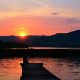 A serene landscape at sunset with the sun setting over a tranquil lake