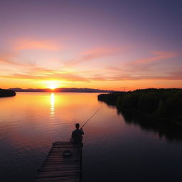 A serene landscape at sunset with the sun setting over a tranquil lake