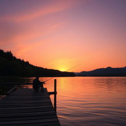 A serene landscape at sunset with the sun setting over a tranquil lake