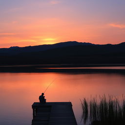 A serene landscape at sunset with the sun setting over a tranquil lake