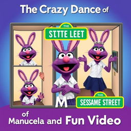 A Sesame Street poster featuring Manuela, a purple bunny with a white shirt, dark blue skirt, black shoes, and a tiara