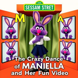 A Sesame Street poster featuring Manuela, a purple bunny with a white shirt, dark blue skirt, black shoes, and a tiara